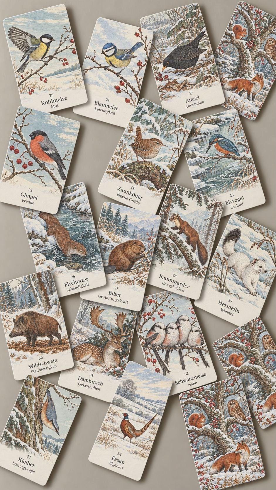 Wintertiere – 36 Orakelkarten mit Begleitheft – Produktansicht 1