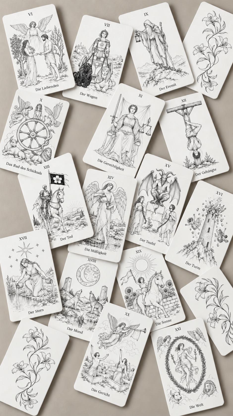 Klare Zeichen – Schwarz-Weiß-Tarot mit 78 Karten – Produktansicht 1